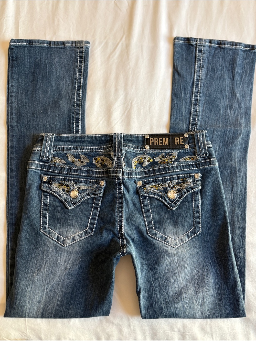 Premiere Denim Rue21 Medium Wash Bootcut Jeans Bling Pocket Rocker Grunge Y2K